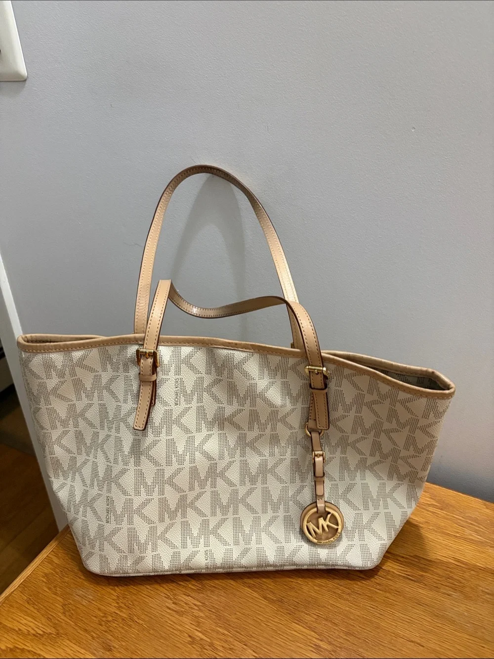 Michael Kors Cream MK Logo Tote with Tan Leather Trim
